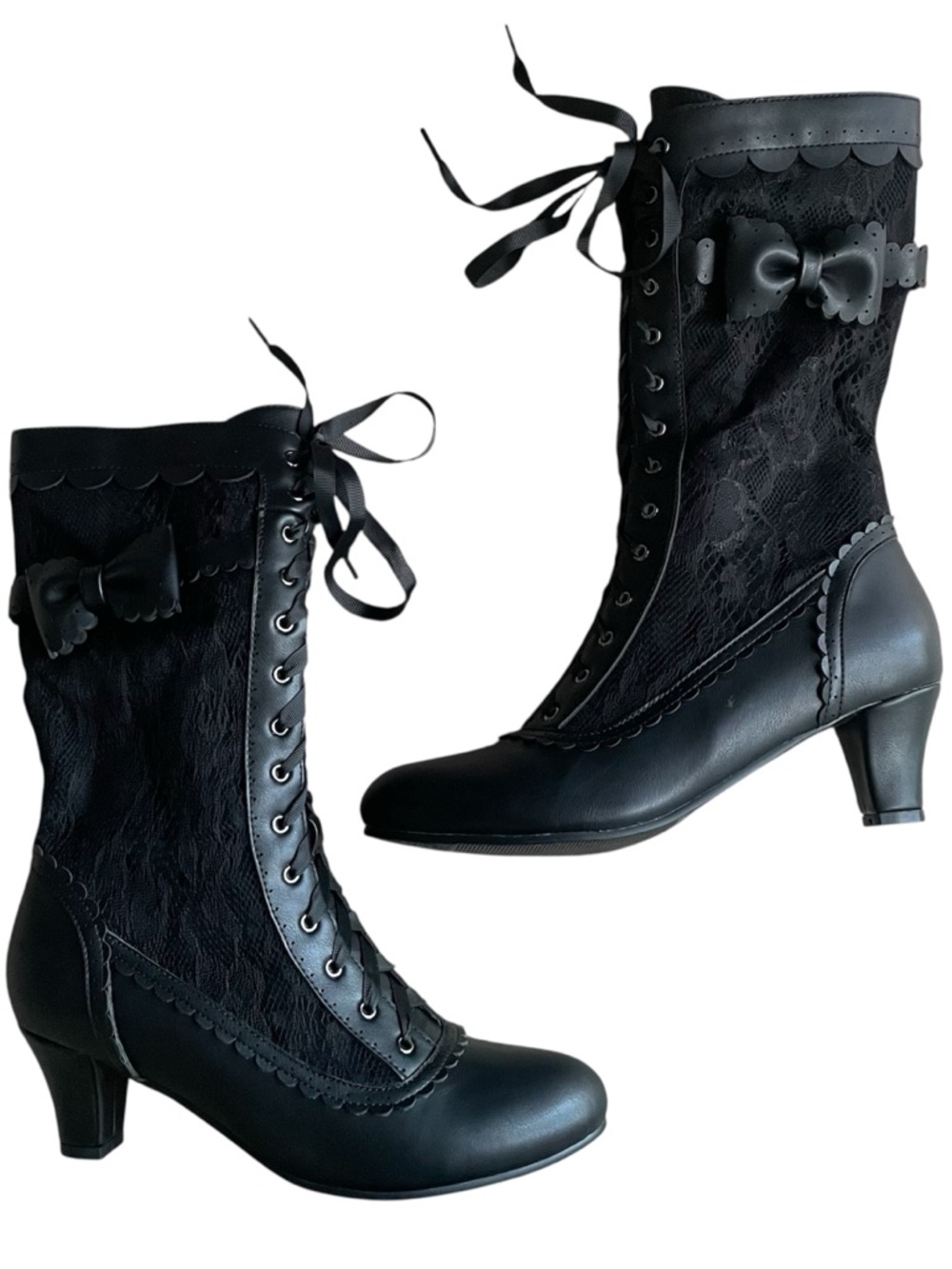 Black Lace Up Mid Heel Victorian Boots - Picture 4 of 7